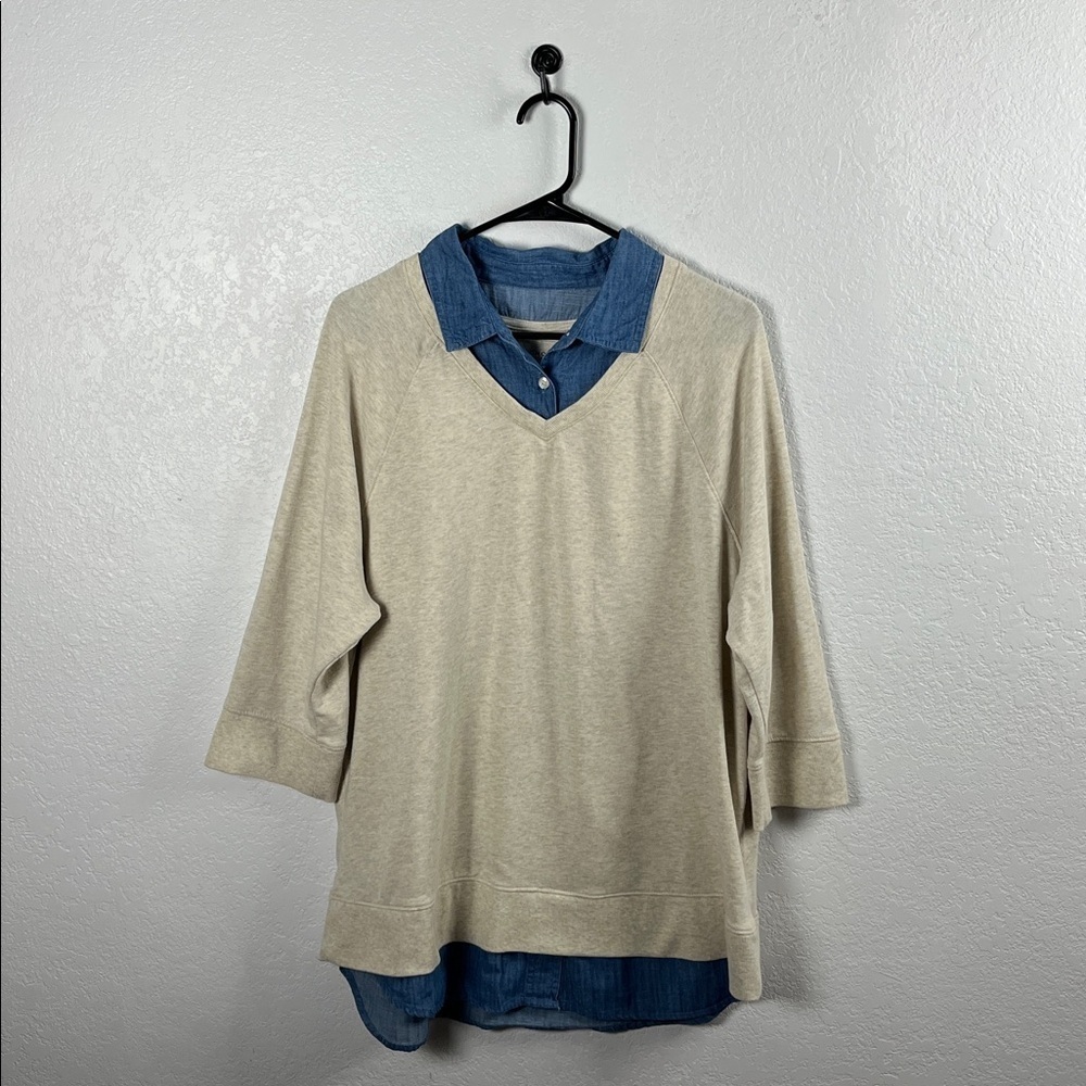 Sonoma Women's Cream Blue Layered V-Neck Top 3/4 Sleeves Sz 1X Business Casual